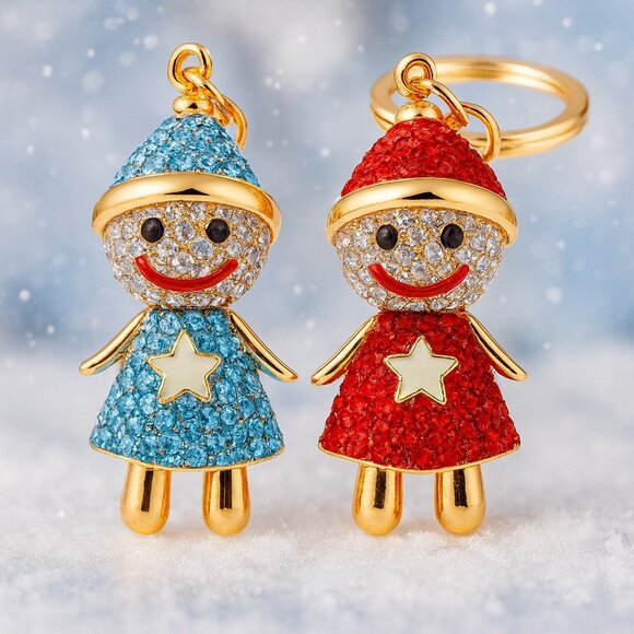Set of 2 Adorable Rhinestone Holiday Snowgirl Snowman Keychain Bag Charms - Picture 4 of 4